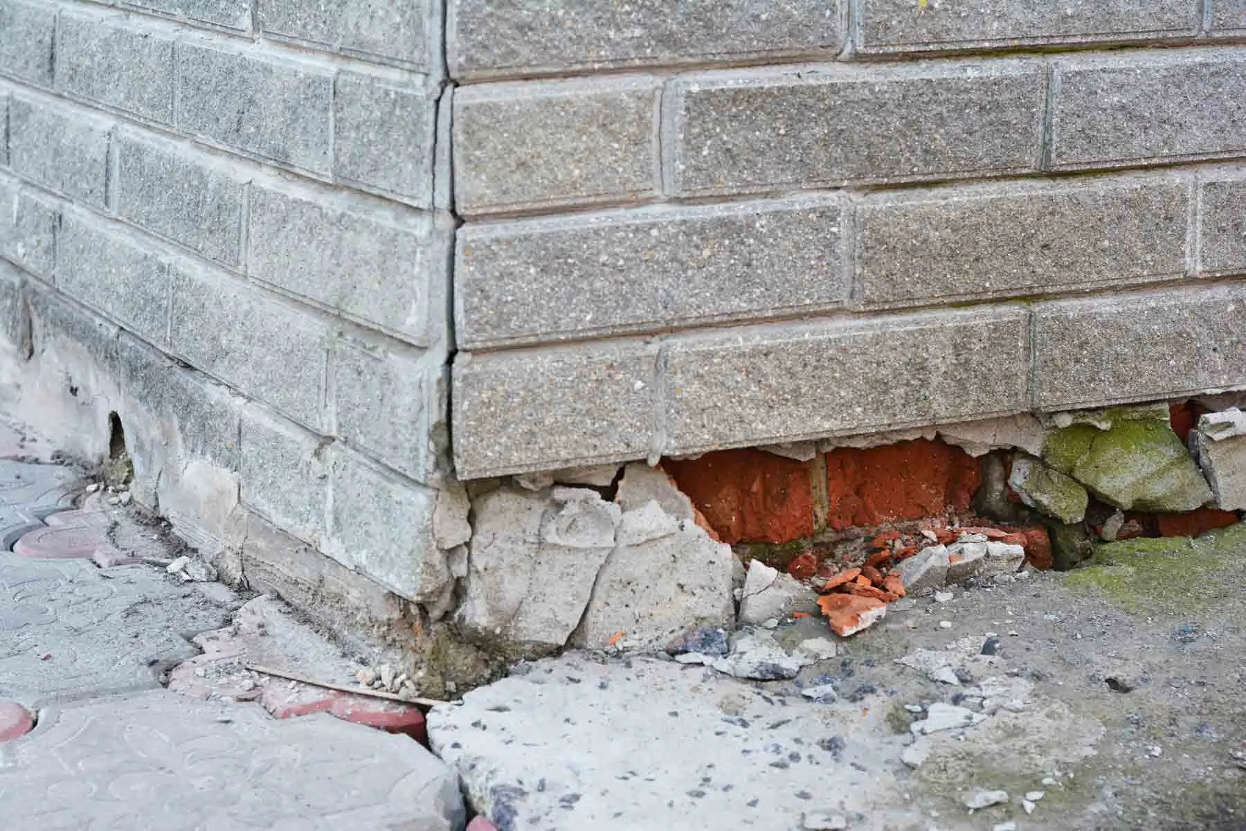 Severe crack and crumbling brickwork foundation on a house corner requiring reblocking and foundation repair in Yarraville