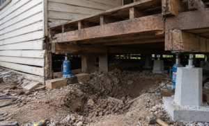 House foundation supported by jacks during a grounding near me service in Melbourne.
