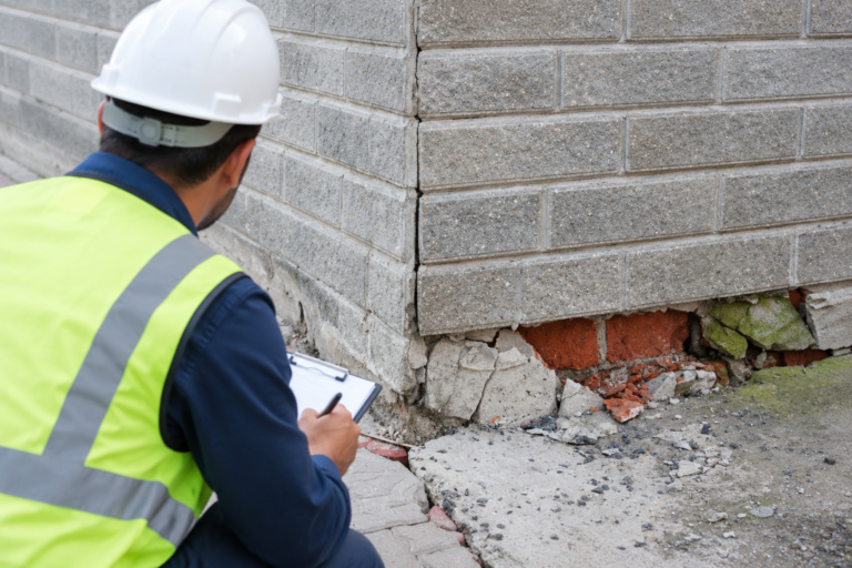 Structural inspection in Kew showing an engineer examining cracks and foundation damage on a brick house wall.